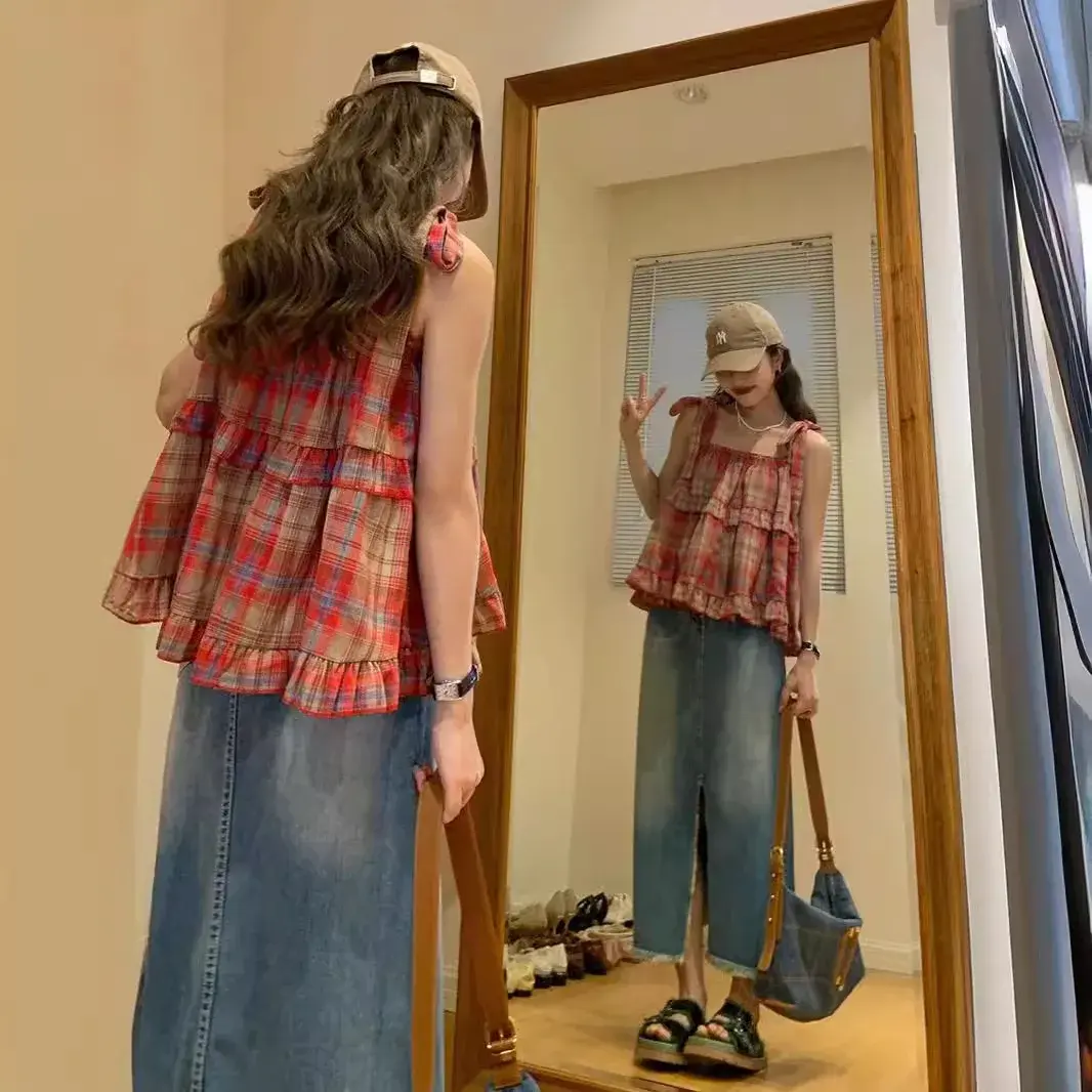 Contrast Color Retro Plaid Strap Vest Women's Summer Short Top Trendy Doll Shirt Design Sensation Elegant Polyester Blend