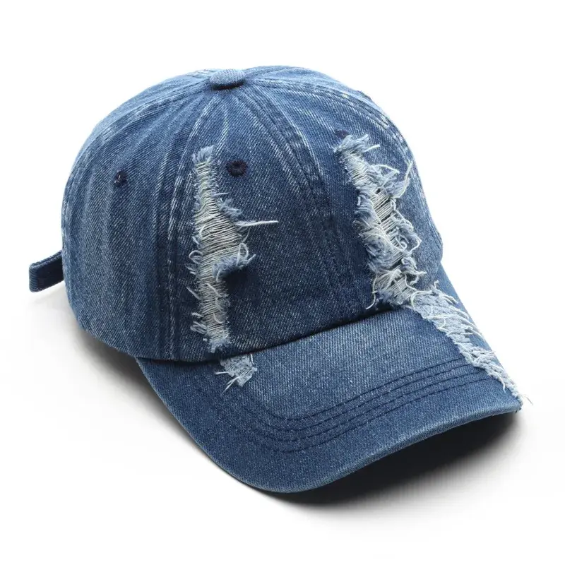 Washed Denim Baseball Cap Retro American Street Style Women's Hole Design Large Head Circumference Duckbill Cap Cross-Border