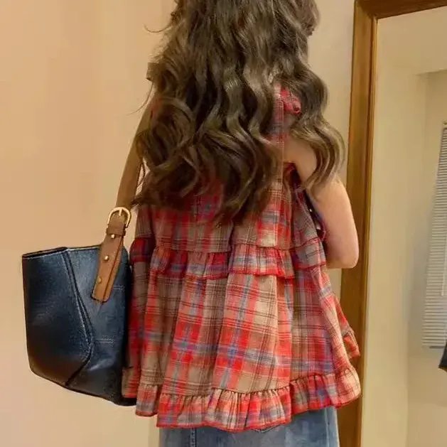 Contrast Color Retro Plaid Strap Vest Women's Summer Short Top Trendy Doll Shirt Design Sensation Elegant Polyester Blend