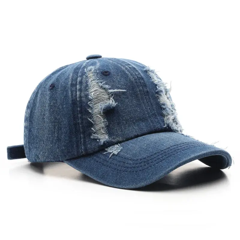 Washed Denim Baseball Cap Retro American Street Style Women's Hole Design Large Head Circumference Duckbill Cap Cross-Border