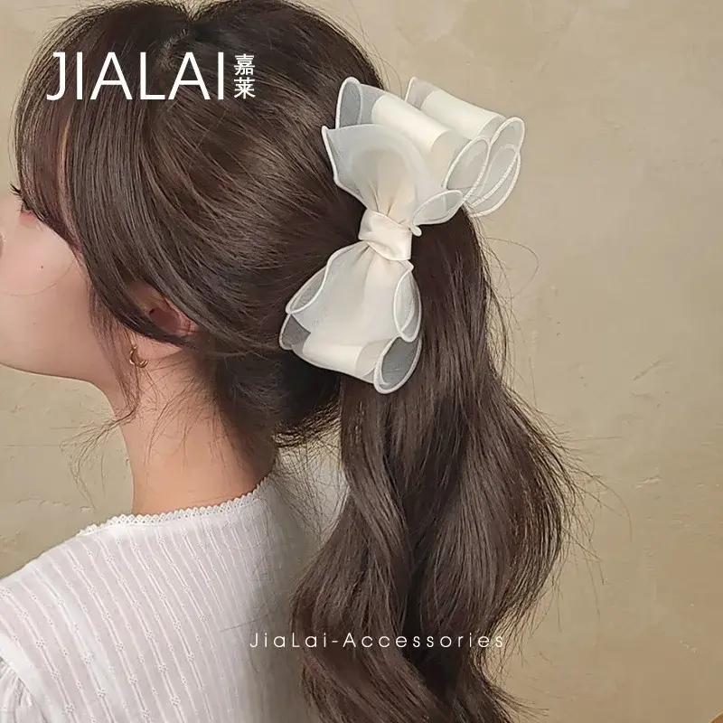 Korean Style Multi-Layer Silk Satin Banana Clip with Large Butterfly Knot Elegant Fashionable Lady Hair Accessory Tail Clip