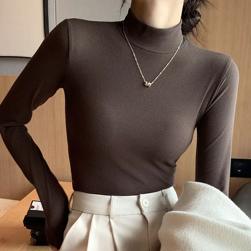 Women's Slim Fit Long Sleeve Knitted Base Shirt Half High Collar Black Pure Color T-Shirt Autumn Winter New Style Regular Board 