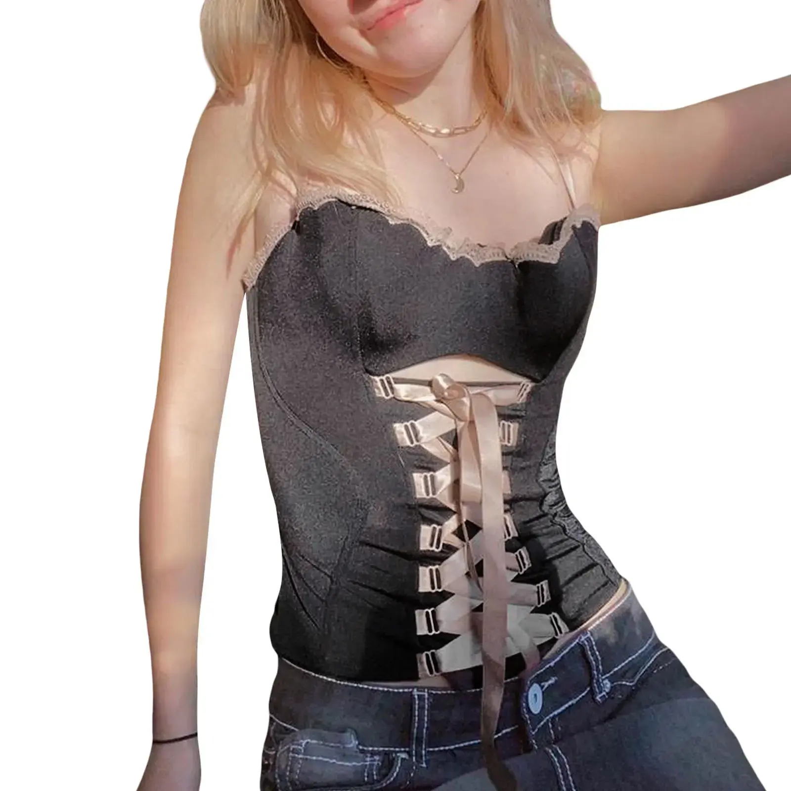Black Bandage Slim Fit Bralette Hook Back Design Ear Hanging Strap Top Women's Vest Casual Spandex Blend Bottom Shirt