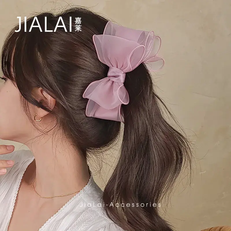 Korean Style Multi-Layer Silk Satin Banana Clip with Large Butterfly Knot Elegant Fashionable Lady Hair Accessory Tail Clip