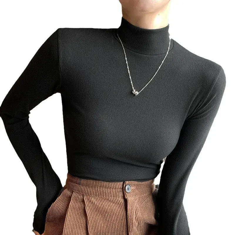 Women's Slim Fit Long Sleeve Knitted Base Shirt Half High Collar Black Pure Color T-Shirt Autumn Winter New Style Regular Board 