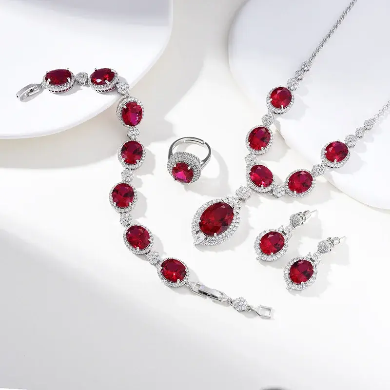 Fashionable Four-Piece Set Jewelry Elegant Zirconia Necklace Suit Colorful High-End Classy Earrings Multicolor