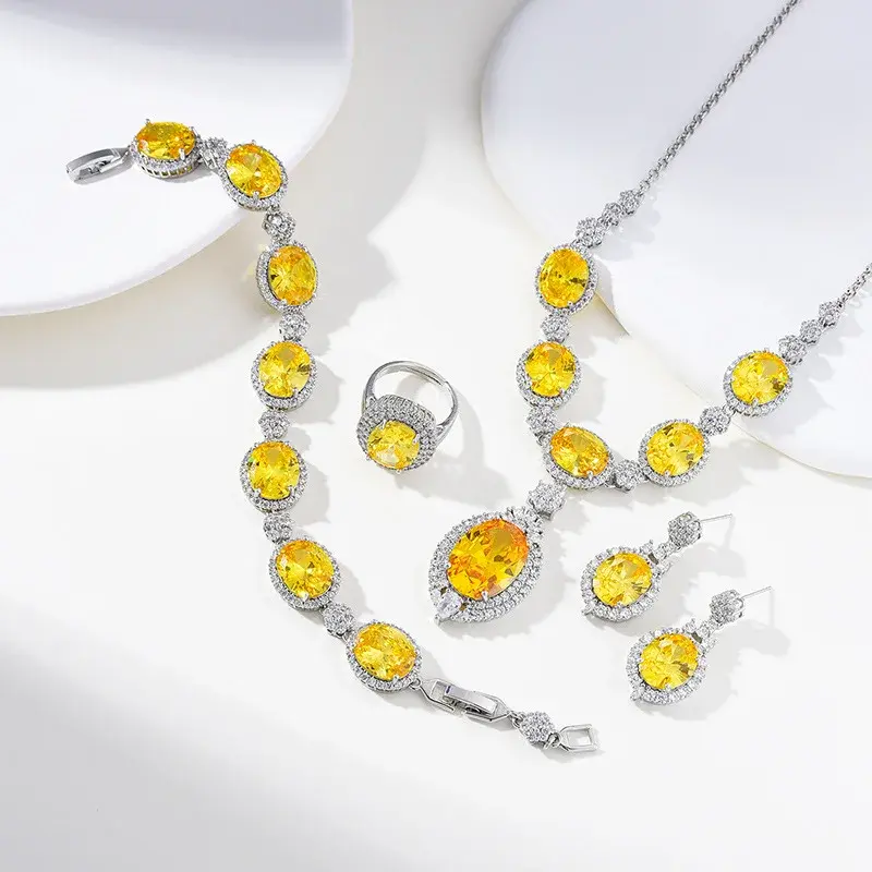 Fashionable Four-Piece Set Jewelry Elegant Zirconia Necklace Suit Colorful High-End Classy Earrings Multicolor