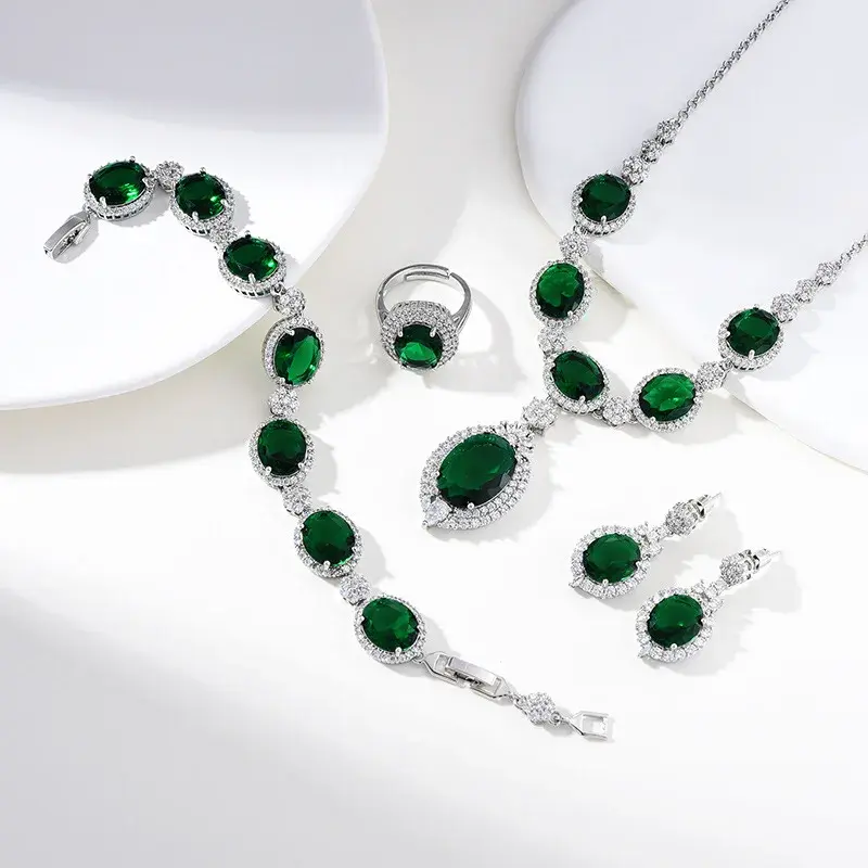 Fashionable Four-Piece Set Jewelry Elegant Zirconia Necklace Suit Colorful High-End Classy Earrings Multicolor