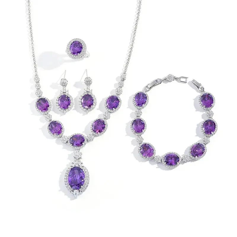 Fashionable Four-Piece Set Jewelry Elegant Zirconia Necklace Suit Colorful High-End Classy Earrings Multicolor