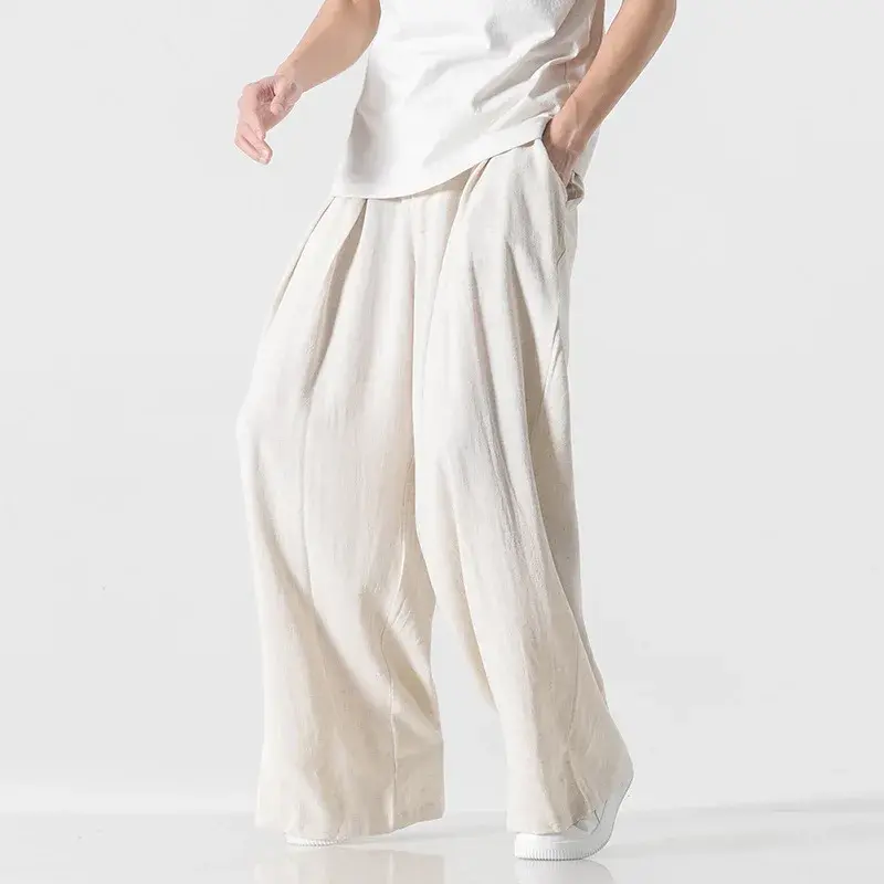 Hanfu Spirit Draped Linen Pants For Men Straight-leg Casual Trousers Chinese Style Loose-fit Ancient Wide-leg Song Trousers
