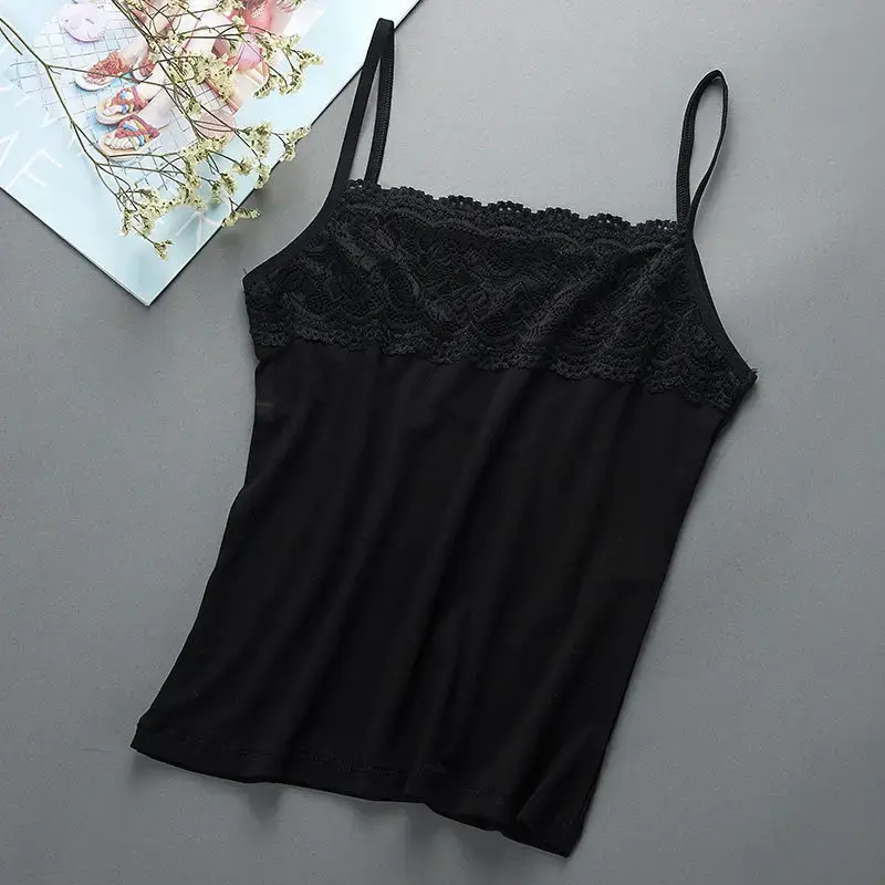 Women's Cotton Lace Crop Top Slimming Vest Large Size Base Shirt Spring Summer Black White Inner Wear Casual Fashion