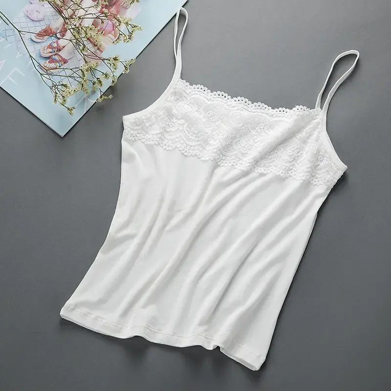Women's Cotton Lace Crop Top Slimming Vest Large Size Base Shirt Spring Summer Black White Inner Wear Casual Fashion