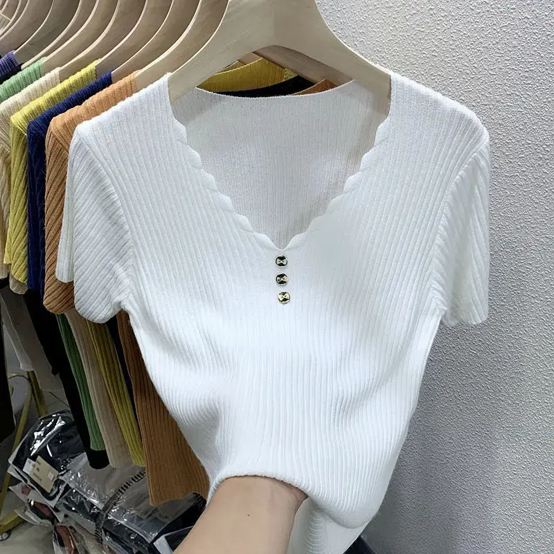 Ice Silk Short Sleeve T-Shirt Women's 2024 New Summer Stylish Slimming V-Neck Knitted Top Cropped White Half Sleeve Top