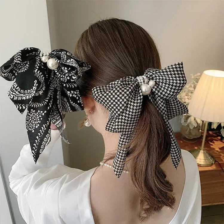 Korean Retro Plaid Large Bowknot Hair Clip High End Satin Pearl Women Back of Head Elegantly Positioned Hair Clip