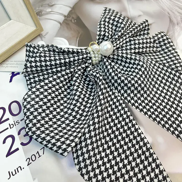 Korean Retro Plaid Large Bowknot Hair Clip High End Satin Pearl Women Back of Head Elegantly Positioned Hair Clip