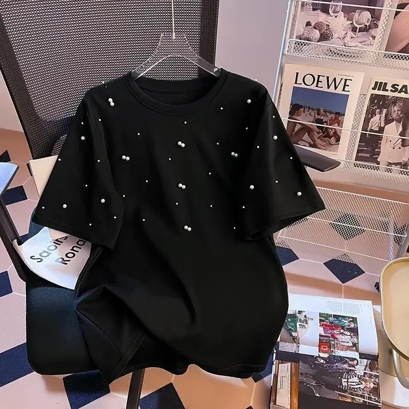 New 2025 Women's Heavy Embellished Short Sleeve T-shirt Loose Fit Summer Design Sensation Casual Top Fashionable Upperwear