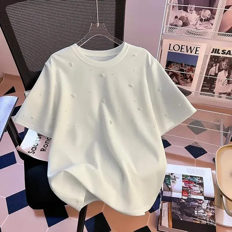 New 2025 Women's Heavy Embellished Short Sleeve T-shirt Loose Fit Summer Design Sensation Casual Top Fashionable Upperwear