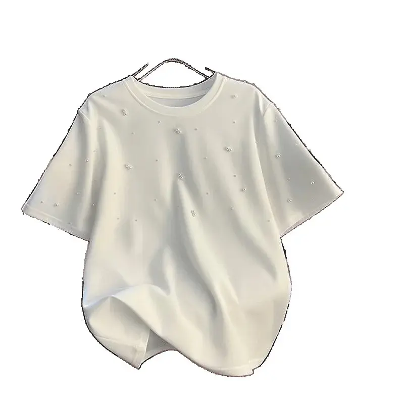 New 2025 Women's Heavy Embellished Short Sleeve T-shirt Loose Fit Summer Design Sensation Casual Top Fashionable Upperwear