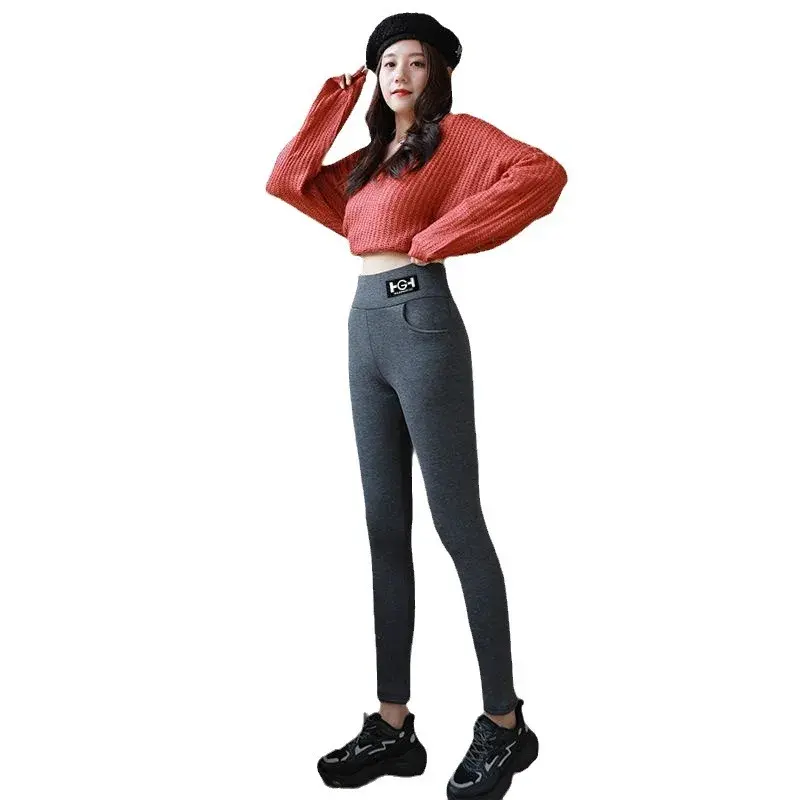 Women's Autumn/Winter Fleece-Lined and Thickened Tights Pants Grey High-Waist Thermal Pants Warm and Comfortable Outer Wear
