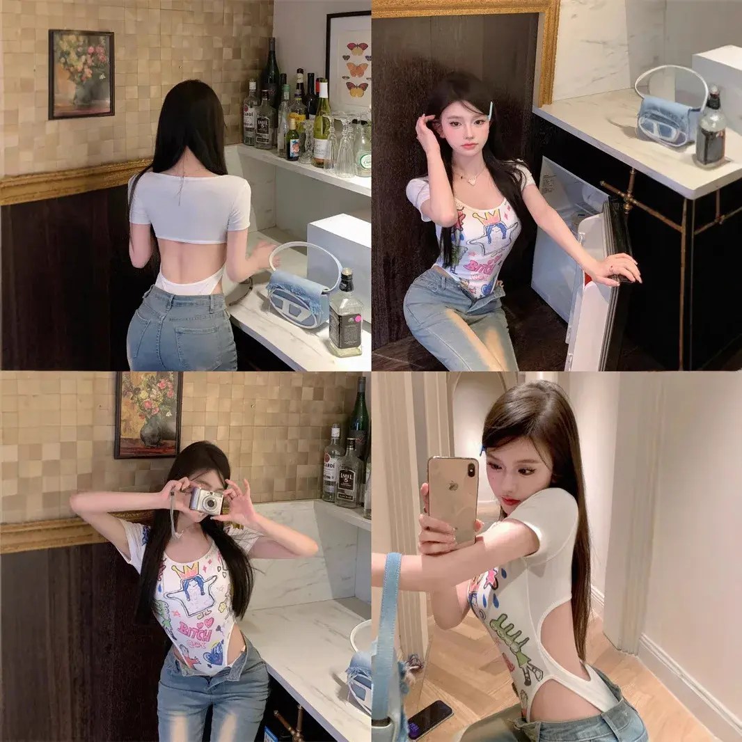 Slim Fit Short Sleeve Onesie Graphic T-Shirt White Short Style Sexy Girl Summer Women's Polyester Fiber Crew Neck T-shirt