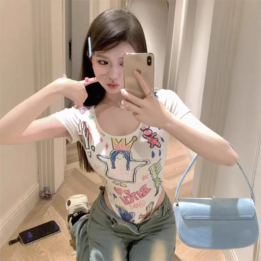 Slim Fit Short Sleeve Onesie Graphic T-Shirt White Short Style Sexy Girl Summer Women's Polyester Fiber Crew Neck T-shirt