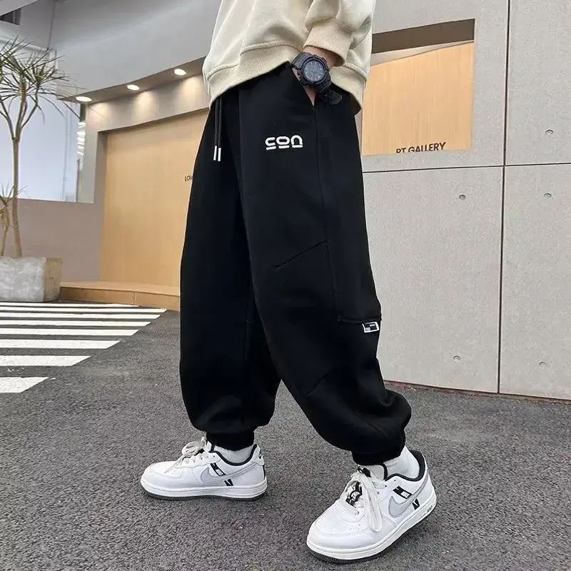 2024 New Children's Sweatpants Autumn/winter Fleece-lined Mid To Large Boys Trousers Black Trendy Kids Casual Pants
