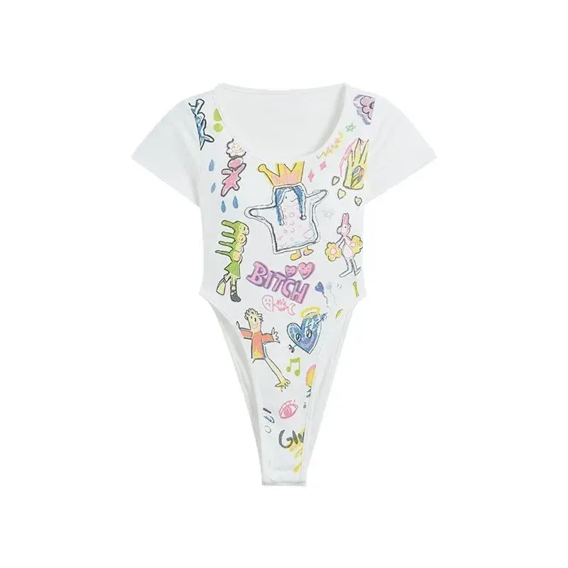 Slim Fit Short Sleeve Onesie Graphic T-Shirt White Short Style Sexy Girl Summer Women's Polyester Fiber Crew Neck T-shirt