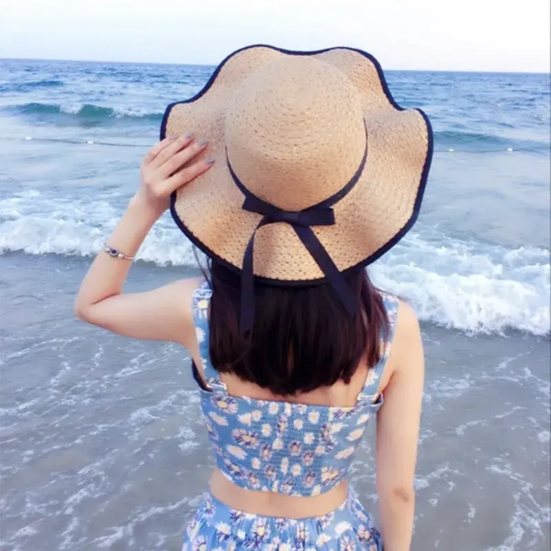 Women's Summer Korean Style Sunshade Straw Hat Beach Sunscreen Large Brim Hat Face Covering Sun Cap for Beach Outings
