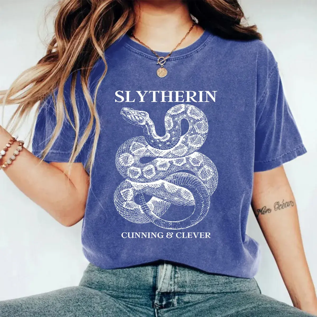 Slytherin Vintage Street Style Women's T-Shirt American Style Cotton Washing Distressed Short Sleeve Crew Neck Printed Snake Pat