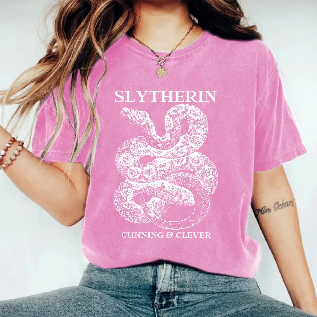 Slytherin Vintage Street Style Women's T-Shirt American Style Cotton Washing Distressed Short Sleeve Crew Neck Printed Snake Pat