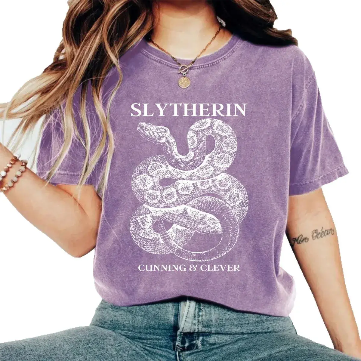 Slytherin Vintage Street Style Women's T-Shirt American Style Cotton Washing Distressed Short Sleeve Crew Neck Printed Snake Pat