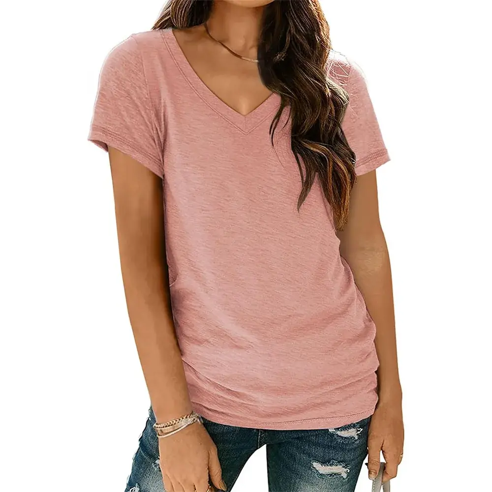 Spring Summer 2024 EBaywish Best Selling Short Sleeve V Neck T Shirt Women's Cross Border Cotton Casual Fashion Top