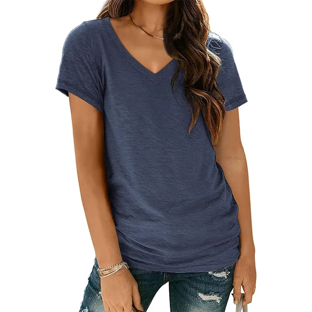 Spring Summer 2024 EBaywish Best Selling Short Sleeve V Neck T Shirt Women's Cross Border Cotton Casual Fashion Top