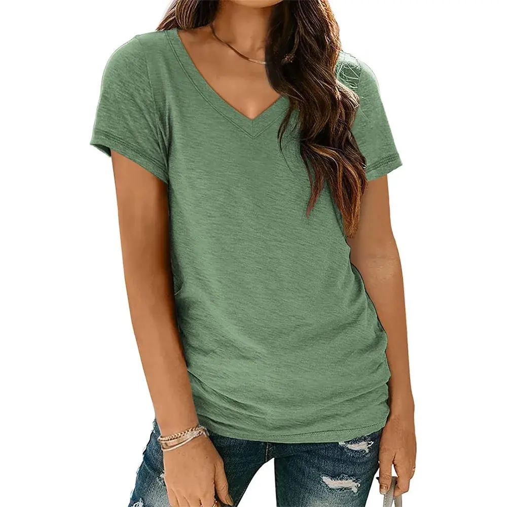 Spring Summer 2024 EBaywish Best Selling Short Sleeve V Neck T Shirt Women's Cross Border Cotton Casual Fashion Top
