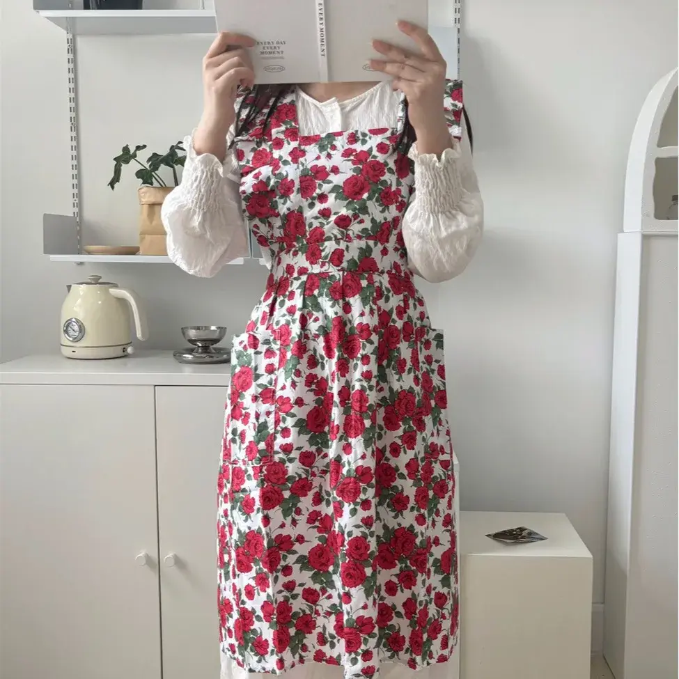 Handmade Floral Art Apron Coffee Shop Beauty Salon Rose Flower Foreign Trade INS Ruffle Edge Vintage Korean Style Home Goods