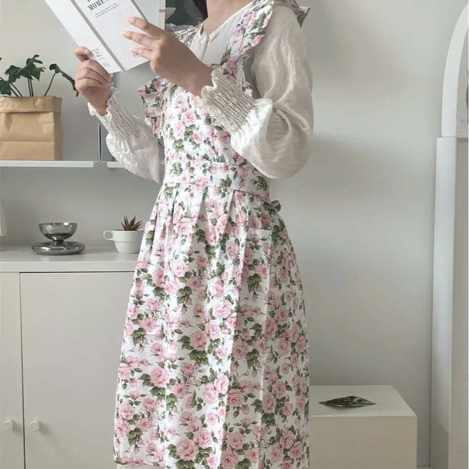 Handmade Floral Art Apron Coffee Shop Beauty Salon Rose Flower Foreign Trade INS Ruffle Edge Vintage Korean Style Home Goods