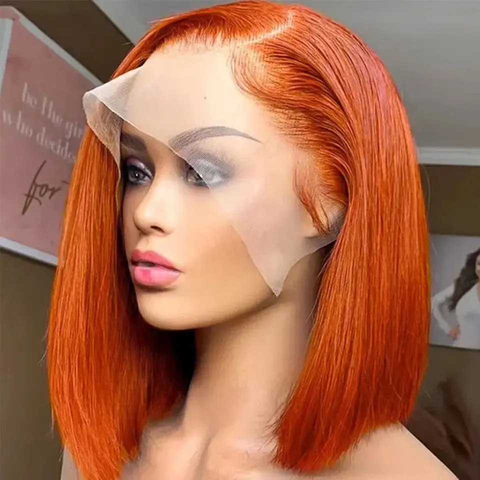 Orange Short Straight Lace Front Wig 13*4 Bob Hair Wig Cover Lace Wigs For Women Frontal