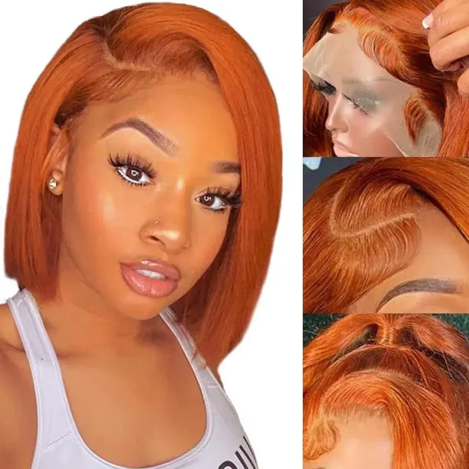 Orange Short Straight Lace Front Wig 13*4 Bob Hair Wig Cover Lace Wigs For Women Frontal
