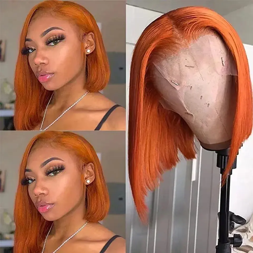 Orange Short Straight Lace Front Wig 13*4 Bob Hair Wig Cover Lace Wigs For Women Frontal