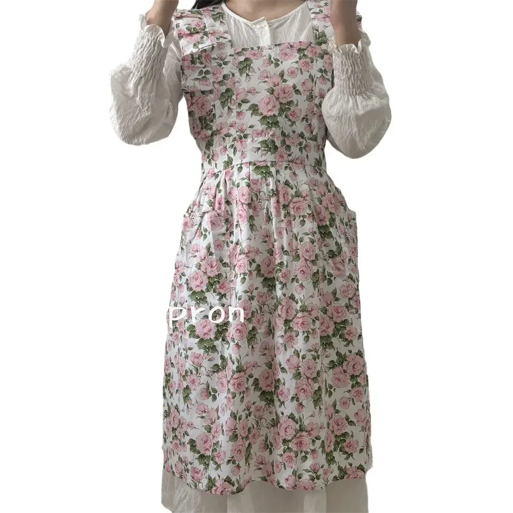 Handmade Floral Art Apron Coffee Shop Beauty Salon Rose Flower Foreign Trade INS Ruffle Edge Vintage Korean Style Home Goods