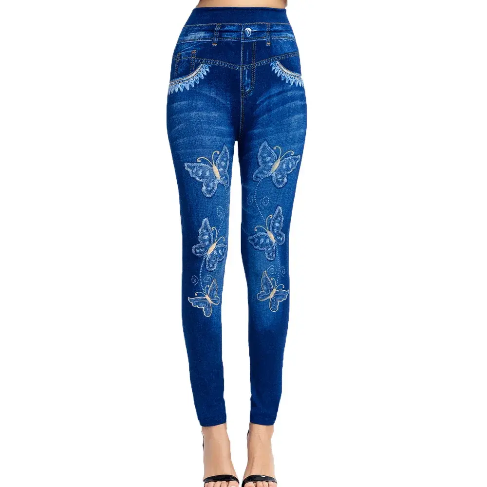 Cross-Border Super Popular Wish Heat Sale New Butterfly Print Ultra-Elastic Nine-Piece Denim Look Leggings Women's Trousers
