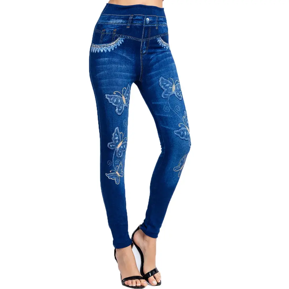 Cross-Border Super Popular Wish Heat Sale New Butterfly Print Ultra-Elastic Nine-Piece Denim Look Leggings Women's Trousers
