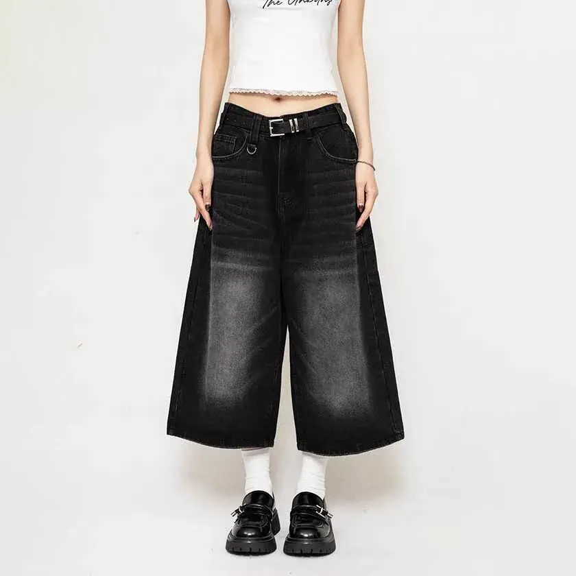 Summer American Retro Loose High Waist Distressed Seven-Foot Women's Jeans Wide Leg 7-Piece Pants High Street Design Sense