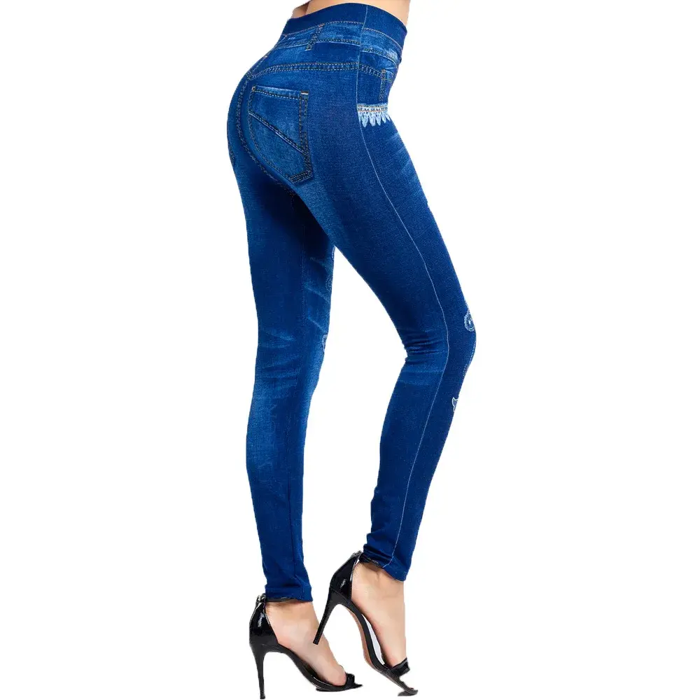 Cross-Border Super Popular Wish Heat Sale New Butterfly Print Ultra-Elastic Nine-Piece Denim Look Leggings Women's Trousers