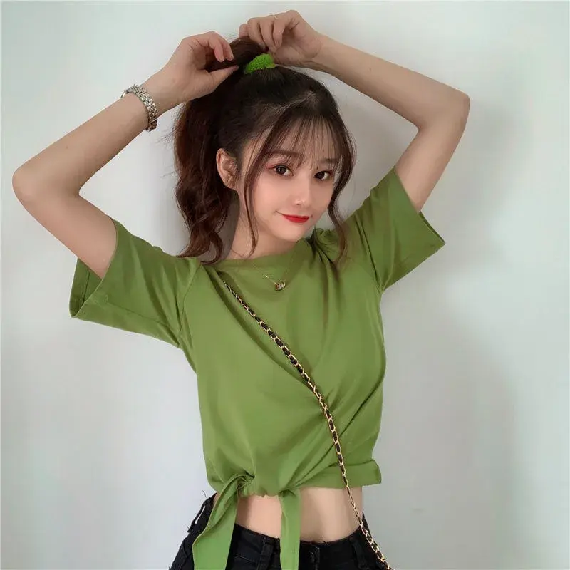 Summer New High Waist Short Sleeve Pure Color T-Shirt Women's Fashionable Korean Style Design Sensation Crew Neck Top