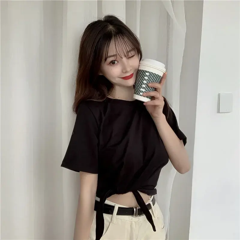 Summer New High Waist Short Sleeve Pure Color T-Shirt Women's Fashionable Korean Style Design Sensation Crew Neck Top