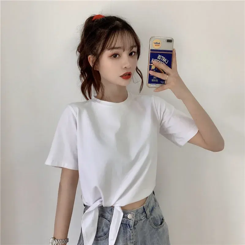 Summer New High Waist Short Sleeve Pure Color T-Shirt Women's Fashionable Korean Style Design Sensation Crew Neck Top