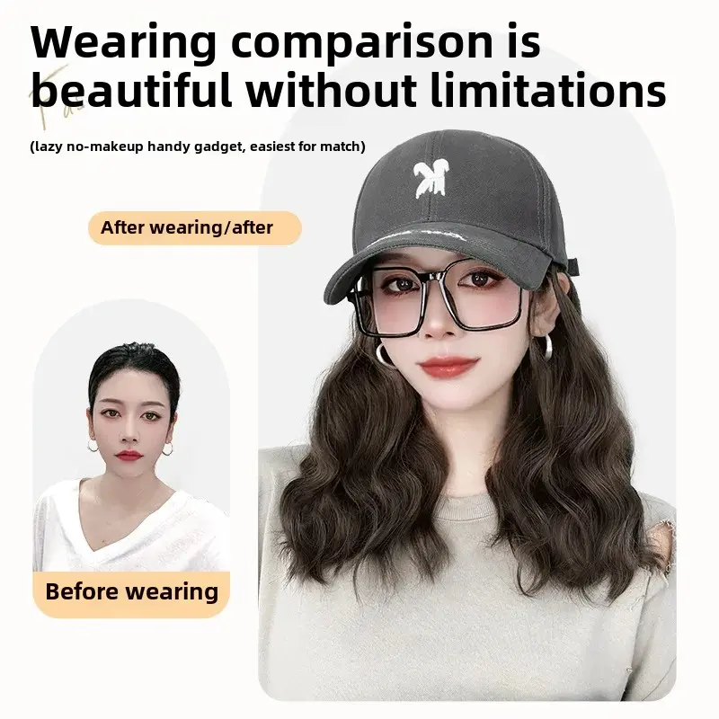 Adjustable Women's Long Curly Letter Wig Baseball Cap Style Natural Looking Fashionable All-Match Large Head Size Duckbill Hat