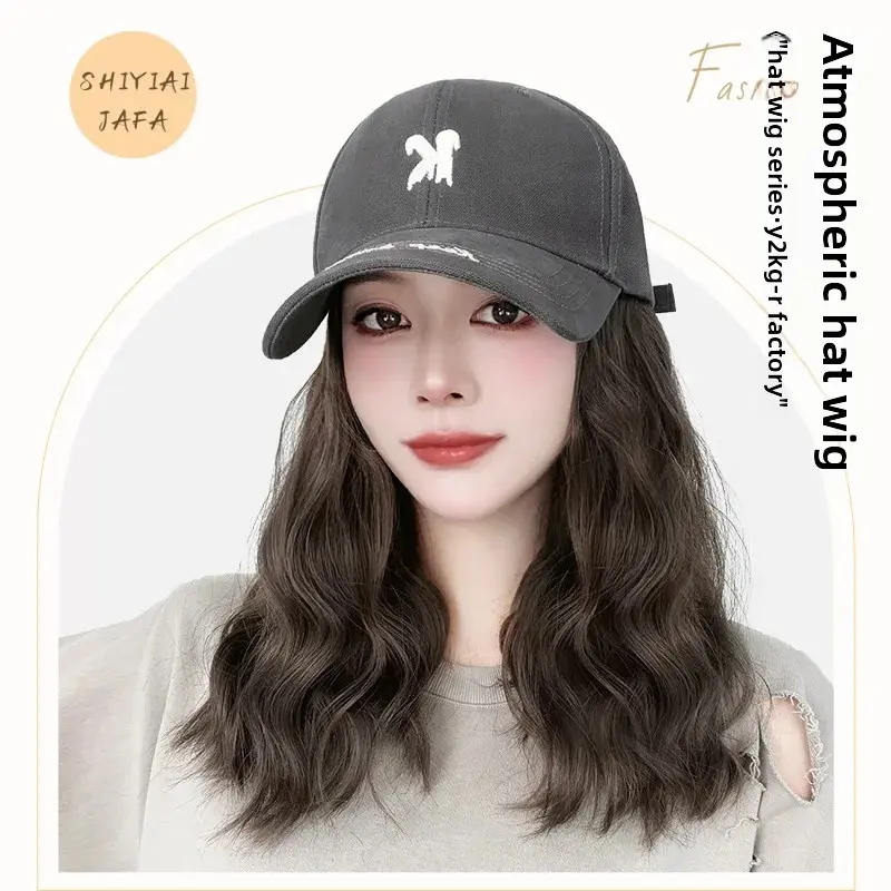 Adjustable Women's Long Curly Letter Wig Baseball Cap Style Natural Looking Fashionable All-Match Large Head Size Duckbill Hat