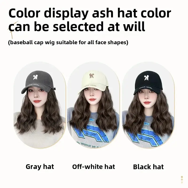 Adjustable Women's Long Curly Letter Wig Baseball Cap Style Natural Looking Fashionable All-Match Large Head Size Duckbill Hat
